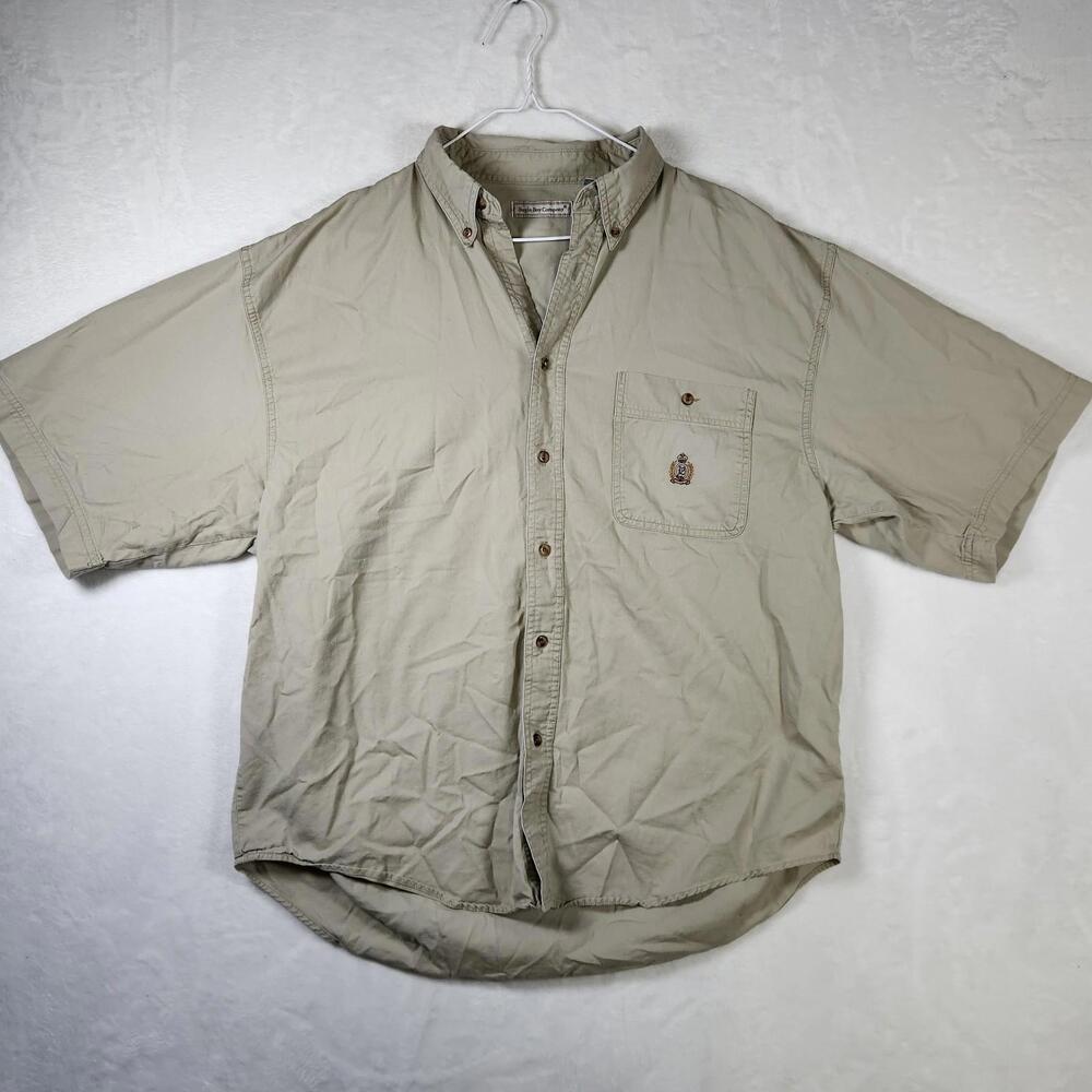 Vtg Bugle Boy Co. Crest Shirt XXL Beige Short Sleeve Button Down 90s Preppy Logo